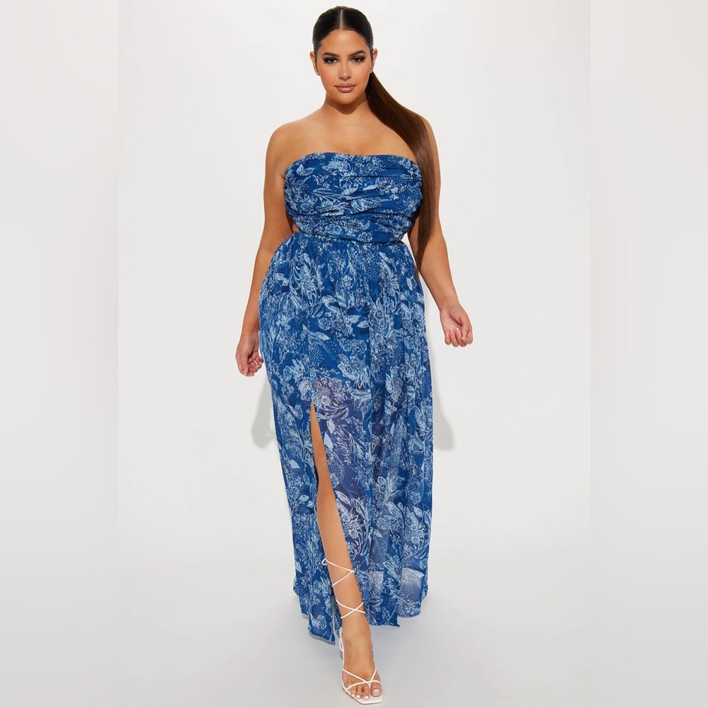 Blue Floral Strapless Maxi Dress